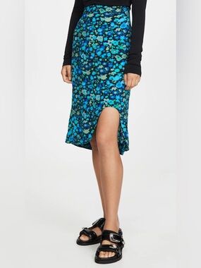 Ganni Blue Floral Print Silk Blend Knee Length Skirt NWT Size 34 EU